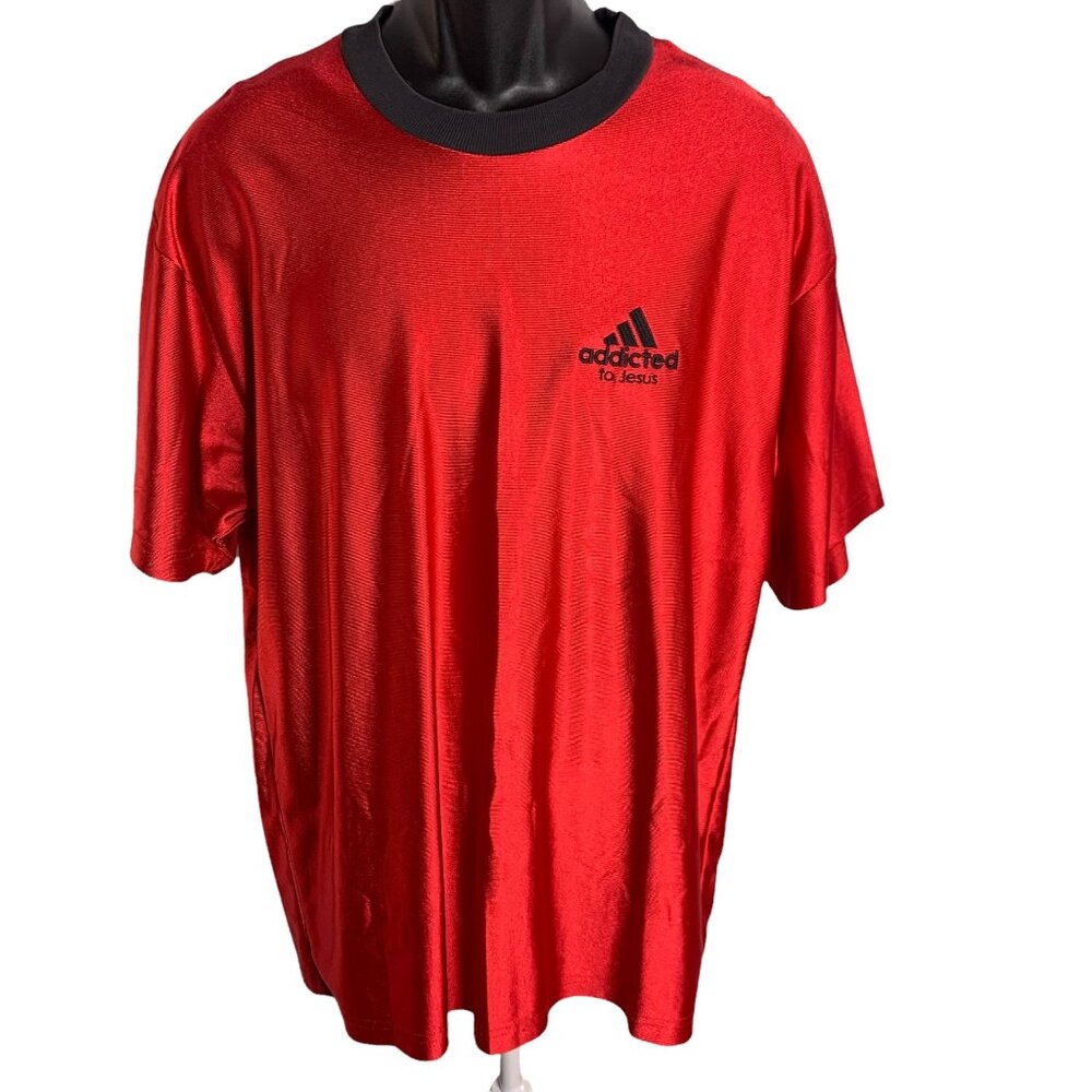 Vintage Adidas Parody Logo Addicted To Jesus Short Sleeve Sz XL Red Crewneck